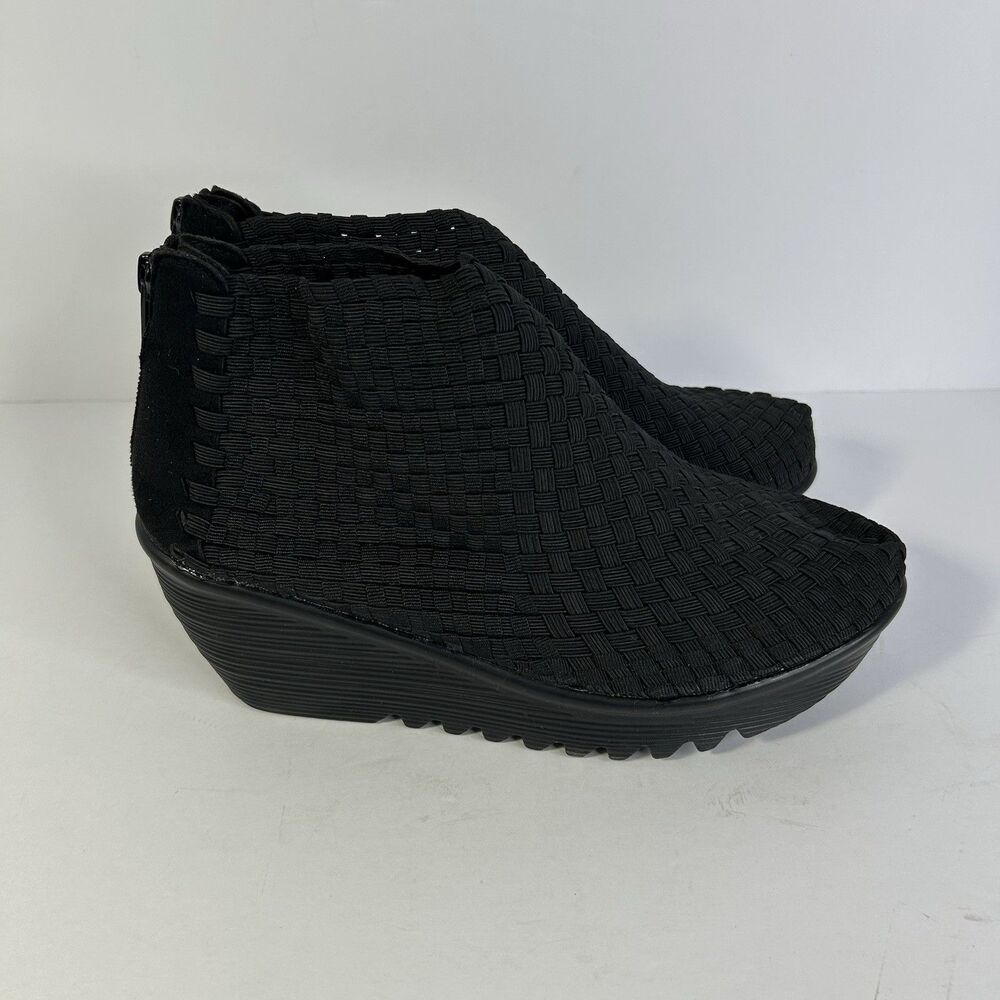 Bernie Mev Womens 39/US 8 Black Synthetic Woven Slip-On Ankle Wedge Bootie
